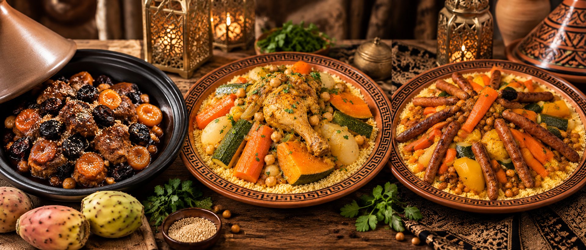 Bandeau des trois plats : tajine d'agneau, couscous poulet aux légumes, couscous poulet et merguez