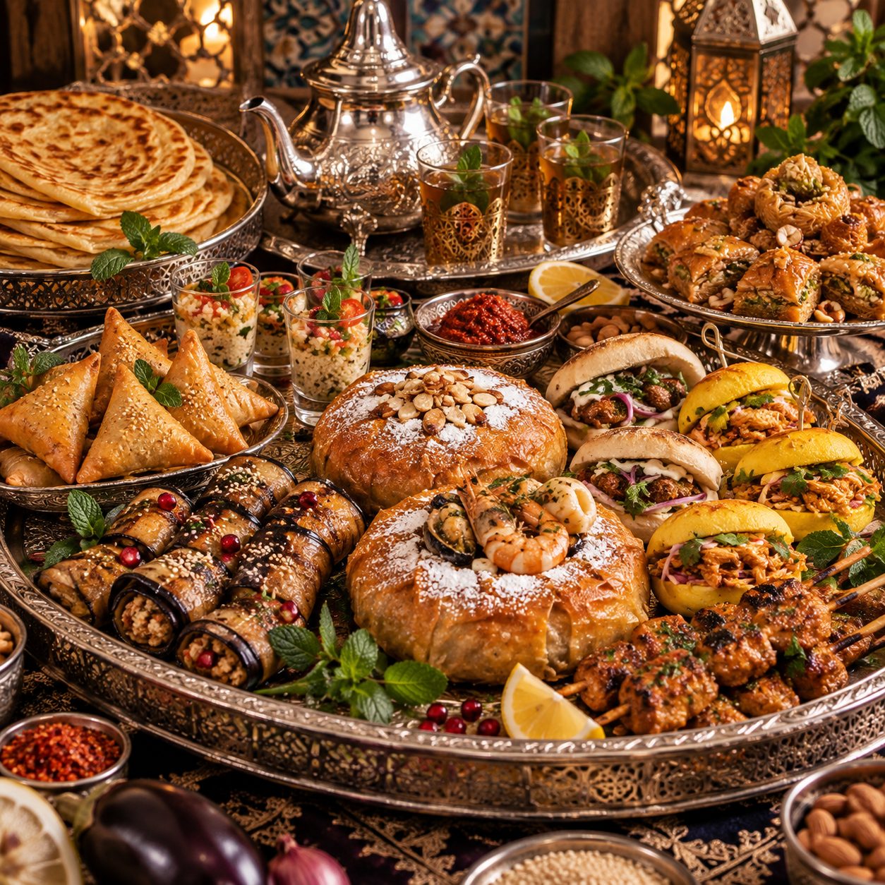 Buffet dînatoire : msemen, samoussas, pastilla, brochettes, mezzés et pâtisseries