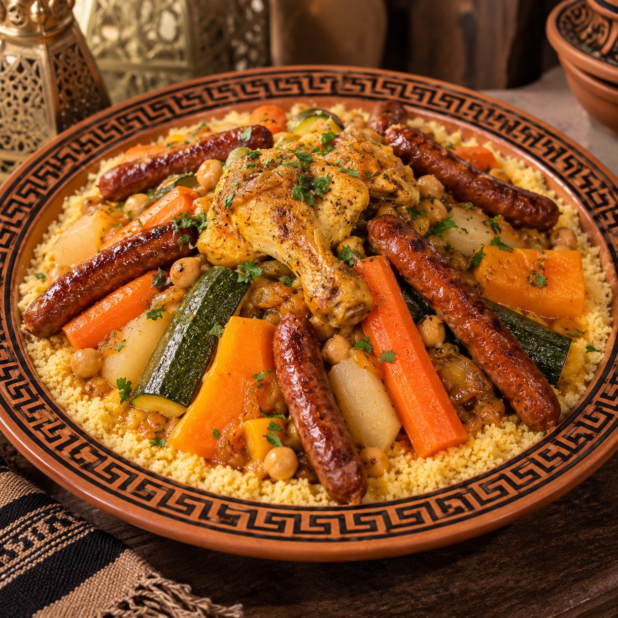 Couscous poulet et merguez, légumes et pois chiches